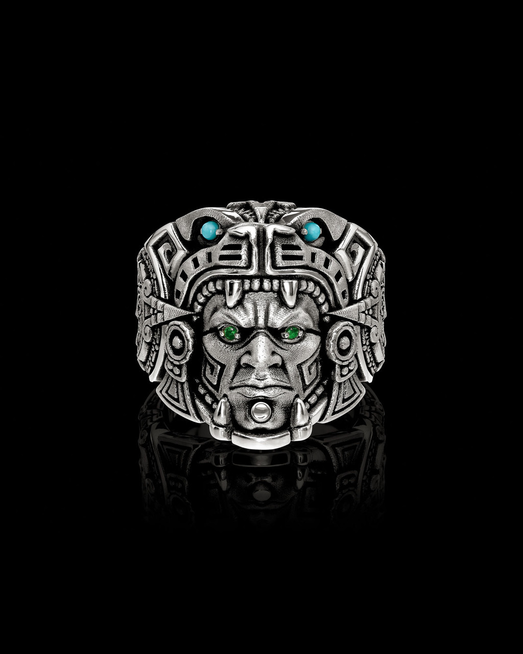 Ocelotl Ring Aztec Jaguar Warrior Ring in  Solid Sterling Silver by NightRider Jewelry - Front, Emerald for eyes Ocelotl Ring Aztec Jaguar Warrior Ring in  Solid Sterling Silver by NightRider Jewelry - Front, Emerald for eyes