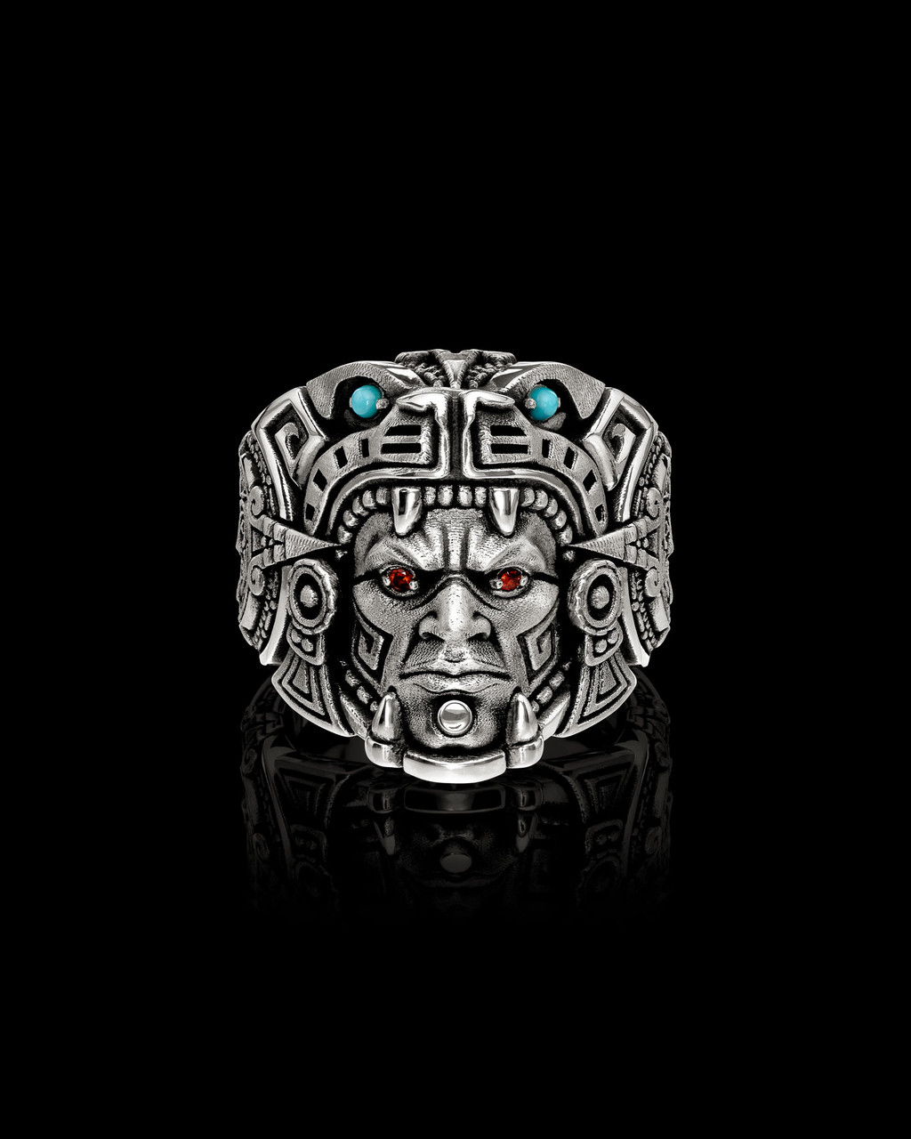 Ocelotl Ring Aztec Jaguar Warrior Ring in  Solid Sterling Silver by NightRider Jewelry - Front, Red garnet for eyes Ocelotl Ring Aztec Jaguar Warrior Ring in  Solid Sterling Silver by NightRider Jewelry - Front, Red garnet for eyes