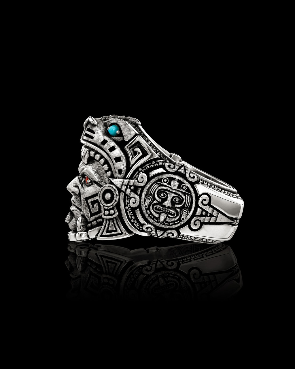 Ocelotl Ring Aztec Jaguar Warrior Ring in  Solid Sterling Silver by NightRider Jewelry - Side Ocelotl Ring Aztec Jaguar Warrior Ring in  Solid Sterling Silver by NightRider Jewelry - Side