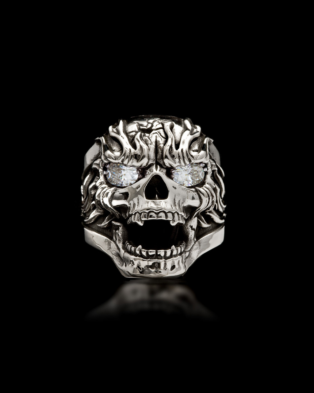 Fireskull Silver Skull Biker Ring  with Moissanite Eyes by NightRider Jewelry - Front View