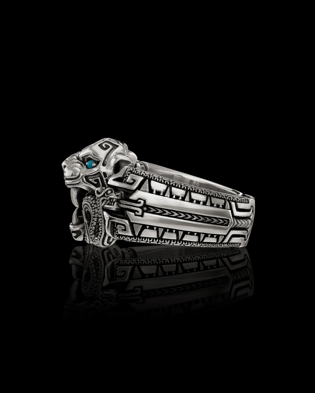 Ocelotl Band Aztec Jaguar  Warrior Panther Ring with Turquoise Eyes in Sterling Silver by NightRider Jewelry - Side Ocelotl Band Aztec Jaguar  Warrior Panther Ring with Turquoise Eyes in Sterling Silver by NightRider Jewelry - Side