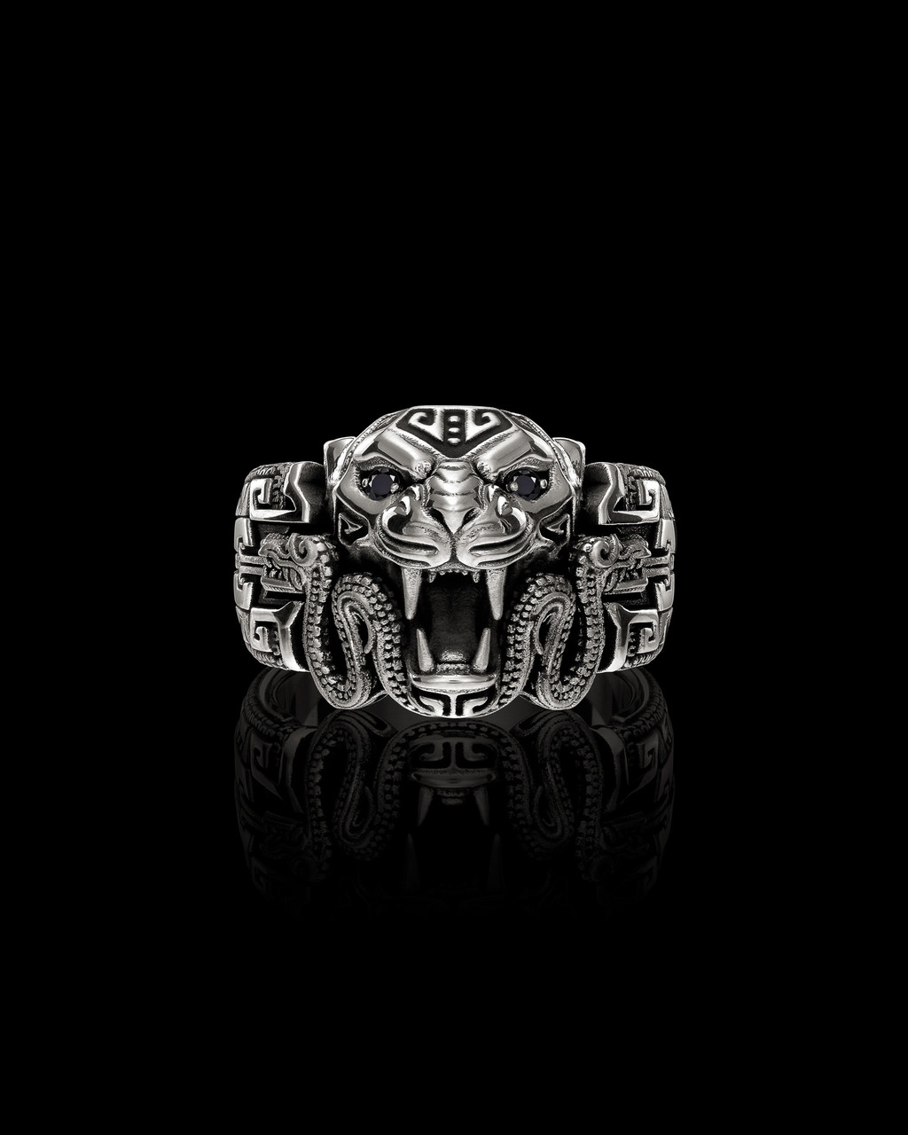 Ocelotl Band Aztec Jaguar Ring with Black Onyx Eyes in Sterling Silver by NightRider Jewelry - Front Ocelotl Band Aztec Jaguar Ring with Black Onyx Eyes in Sterling Silver by NightRider Jewelry - Front