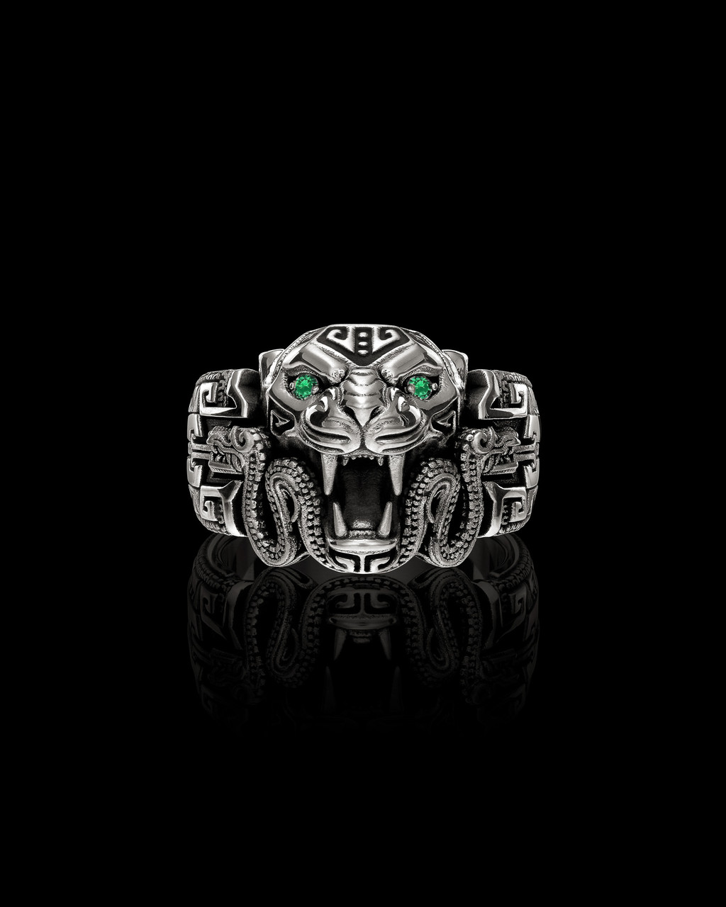 Ocelotl Band Aztec Jaguar Ring with Emerald Eyes in Sterling Silver by NightRider Jewelry - Front Ocelotl Band Aztec Jaguar Ring with Emerald Eyes in Sterling Silver by NightRider Jewelry - Front