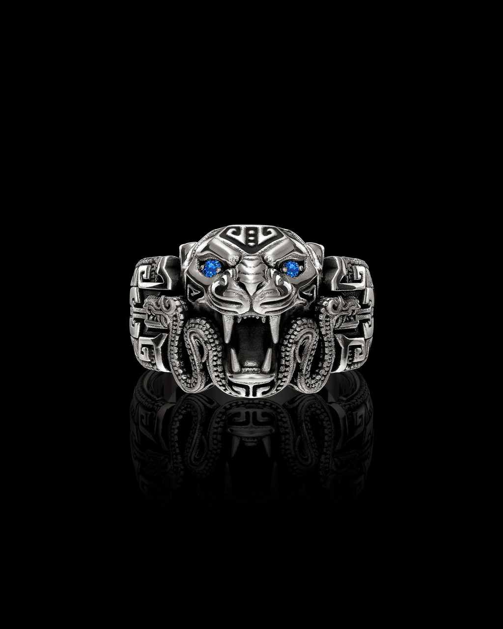 Ocelotl Band Aztec Jaguar Ring with Sapphire Eyes in Sterling Silver by NightRider Jewelry - Front Ocelotl Band Aztec Jaguar Ring with Sapphire Eyes in Sterling Silver by NightRider Jewelry - Front