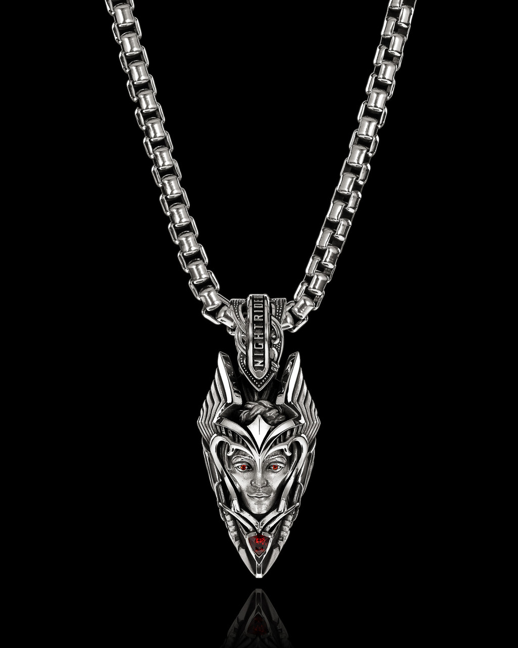 Valkyria Necklace Pendant in Sterling Silver and Red Garnet by NightRider Jewelry - Front Valkyria Necklace Pendant in Sterling Silver and Red Garnet by NightRider Jewelry - Front