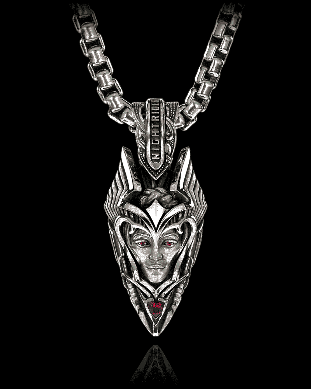 Valkyria Woman Warrior Pendant in Sterling Silver and Red Garnet by NightRider Jewelry - Back Valkyria Woman Warrior Pendant in Sterling Silver and Red Garnet by NightRider Jewelry - Back