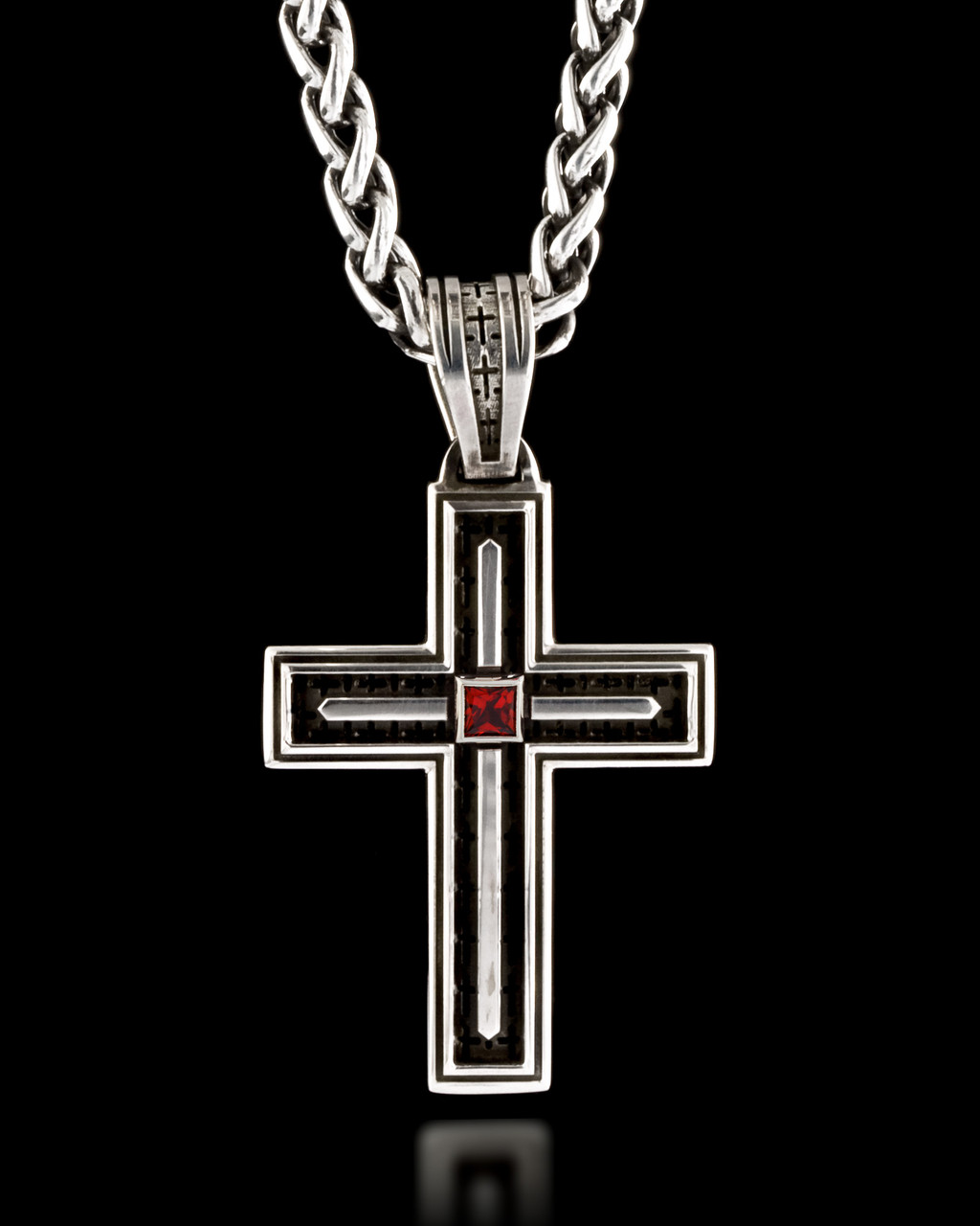 Silver Stained Glass Cross Necklace Pendant with Red Garnet by NightRider Jewelry - Front View Silver Stained Glass Cross Necklace Pendant with Red Garnet by NightRider Jewelry - Front View
