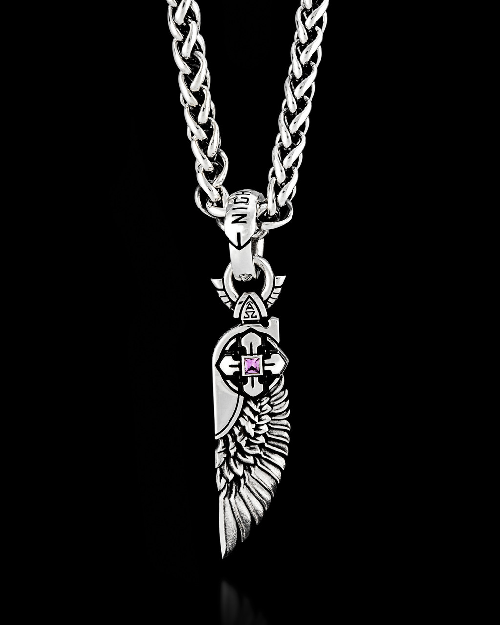 Cherubim Silver Pendant with Pink Topaz by NightRider Jewelry - Front View Cherubim Silver Pendant with Pink Topaz by NightRider Jewelry - Front View