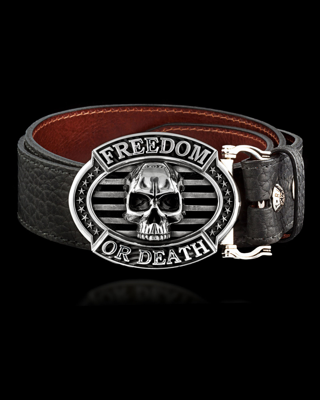 Freedom or Death Silver Skull Buckle by NightRider Jewelry - Front View