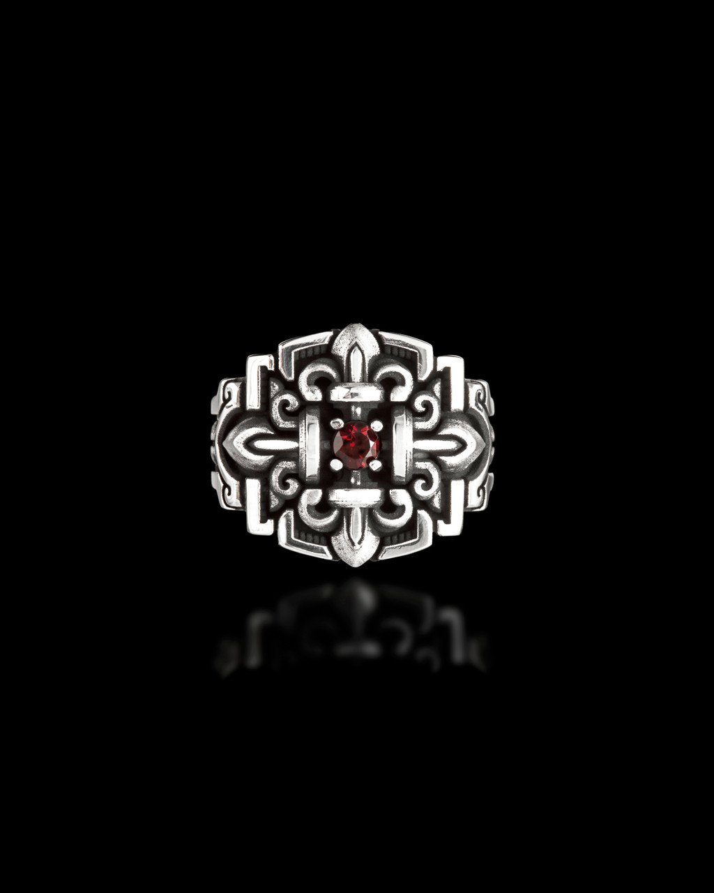 Sanctified Tapered Silver Ring with Red Garnet by NightRider Jewelry - Front View Sanctified Tapered Silver Ring with Red Garnet by NightRider Jewelry - Front View