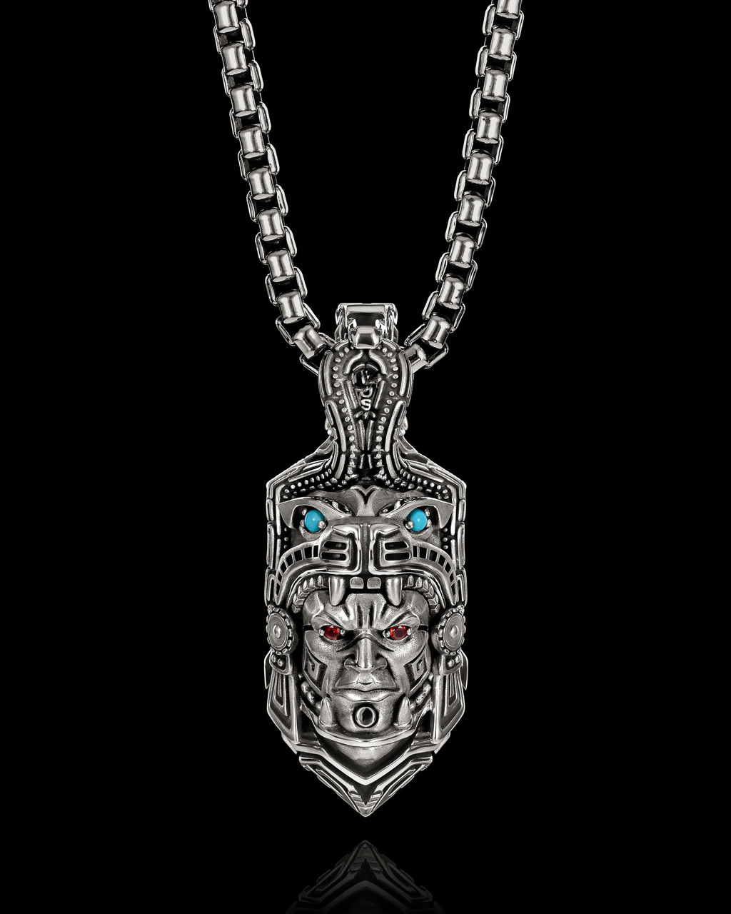 Ocelotl Aztec Jaguar Warrior Pendant in Solid Sterling Silver by NightRider Jewelry - Front Ocelotl Aztec Jaguar Warrior Pendant in Solid Sterling Silver by NightRider Jewelry - Front