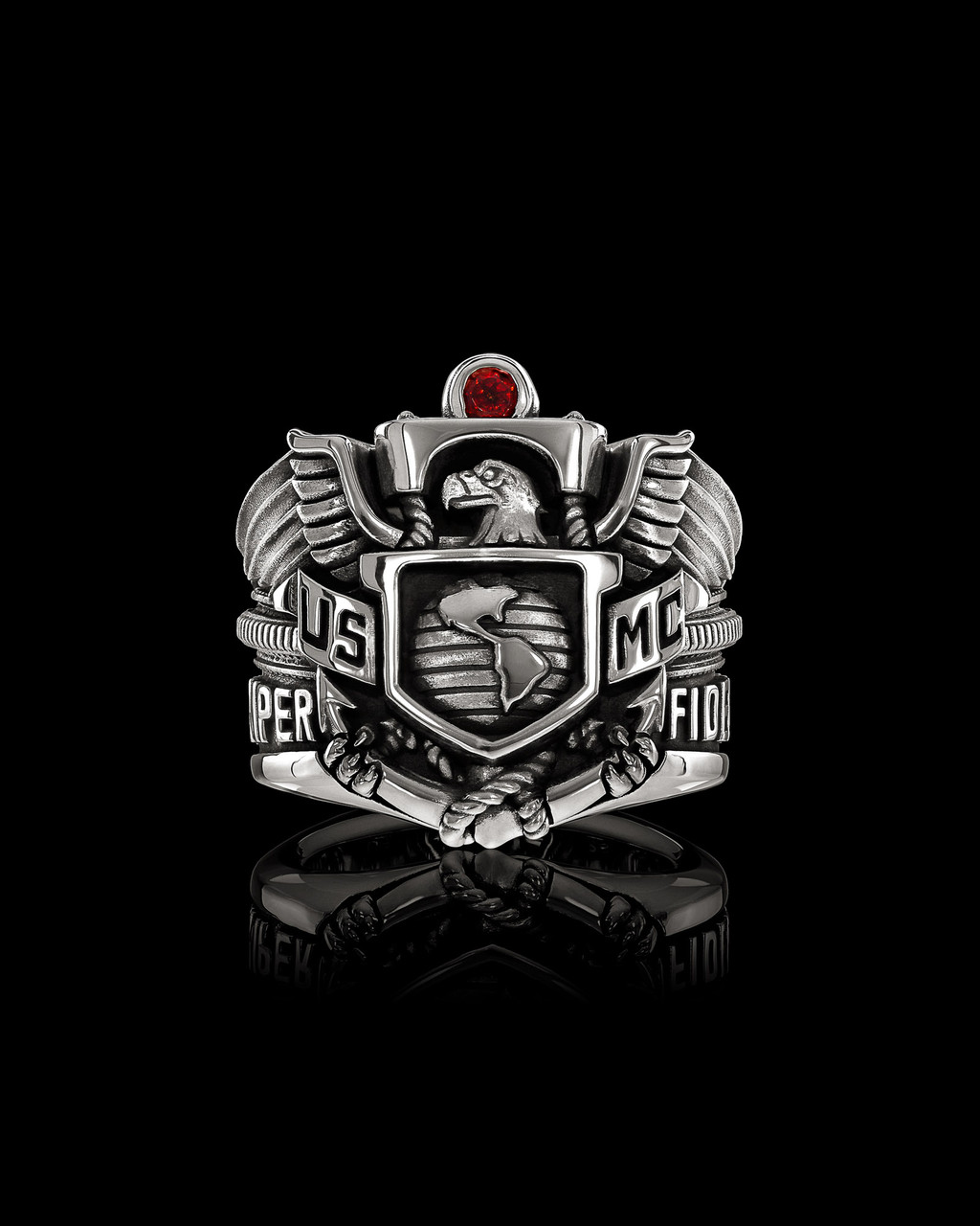 USMC Marine Corps Ring with American Eagle, Globe, and Anchor by NightRider Jewelry - Front USMC Marine Corps Ring with American Eagle, Globe, and Anchor by NightRider Jewelry - Front
