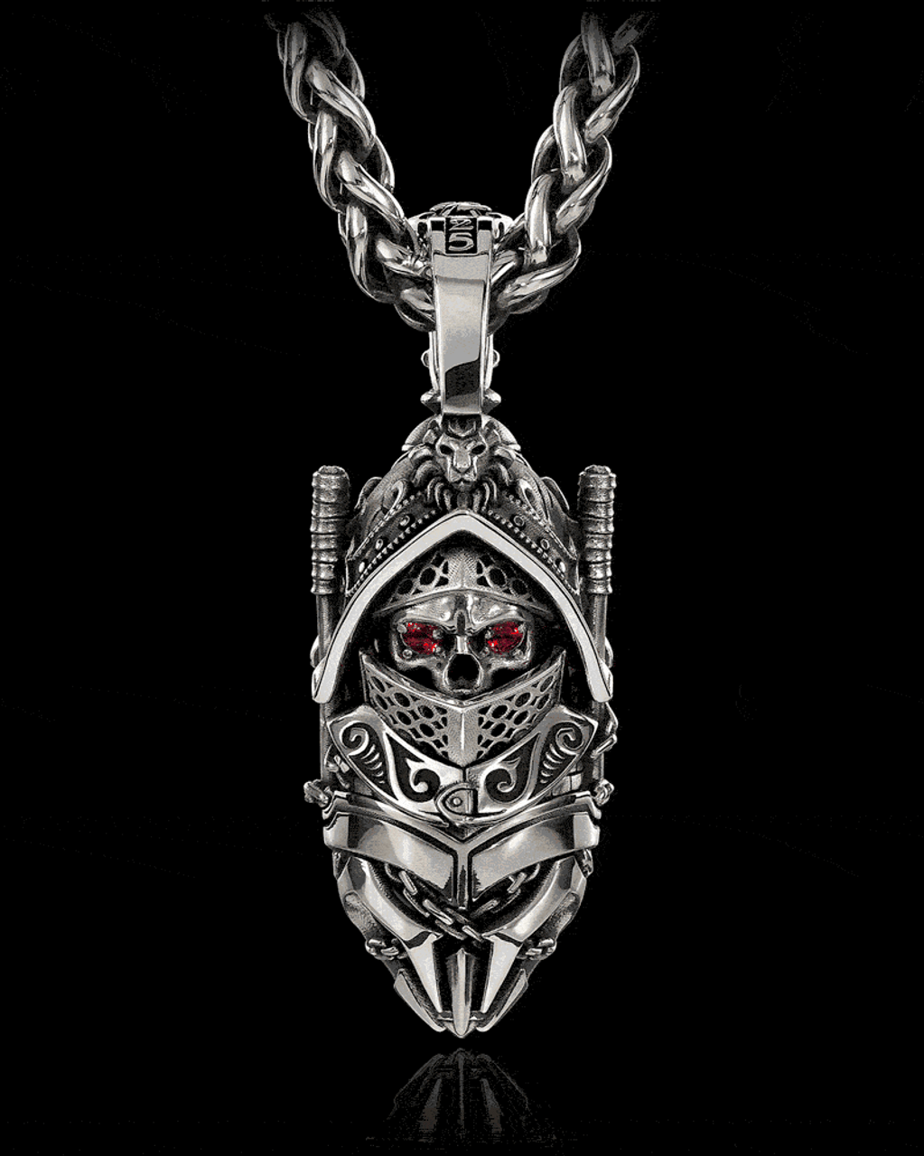 Rudiarius Roman Gladiator Pendant in Solid Sterling Silver with Red Garnets by NightRider Jewelry - 360° Animation