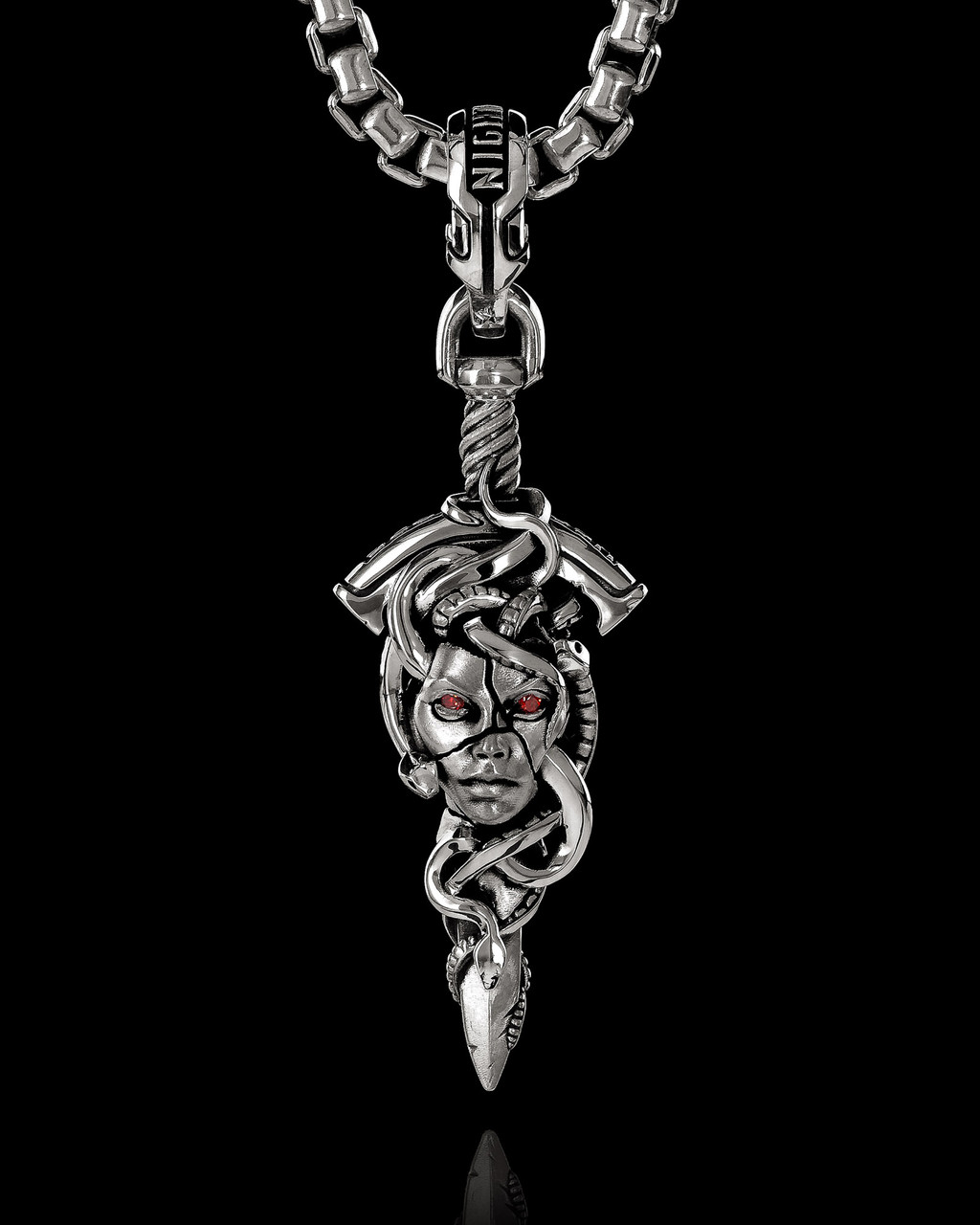 Patrona Roman Mythology Medusa Pendant with Red Garnet Eyes in Solid Sterling Silver by NightRider Jewelry Patrona Roman Mythology Medusa Pendant with Red Garnet Eyes in Solid Sterling Silver by NightRider Jewelry