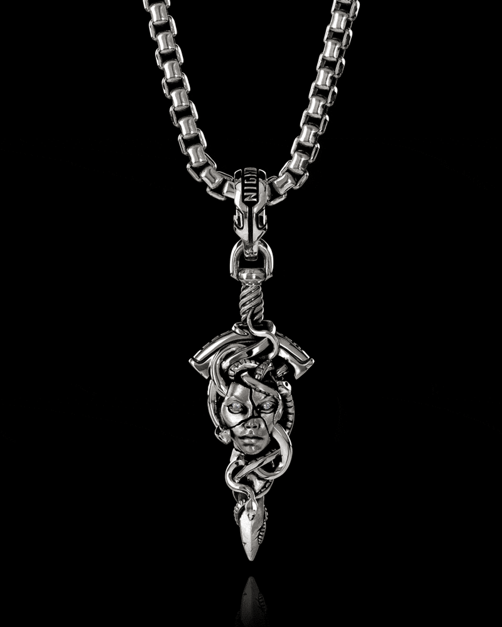 Patrona Medusa Gorgon Pendant with Moissanite Eyes in Solid Sterling Silver by NightRider Jewelry - 360 View Patrona Medusa Gorgon Pendant with Moissanite Eyes in Solid Sterling Silver by NightRider Jewelry - 360 View