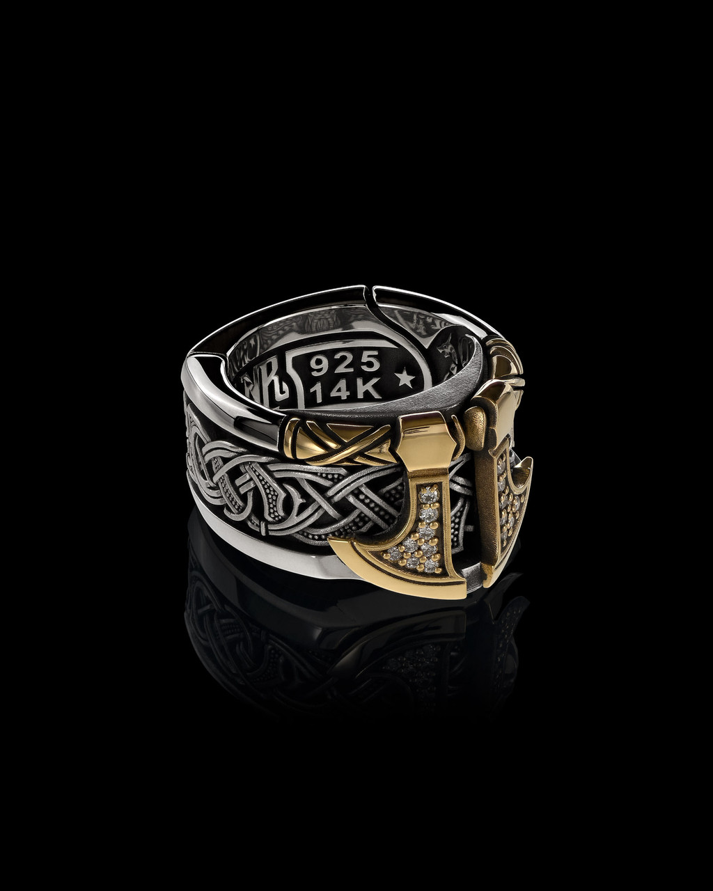 Einherjar Band Luxe Edition Viking Axes Ring in 14K Gold, Sterling Silver, and Diamonds by NightRider Jewelry - 3/4 Einherjar Band Luxe Edition Viking Axes Ring in 14K Gold, Sterling Silver, and Diamonds by NightRider Jewelry - 3/4