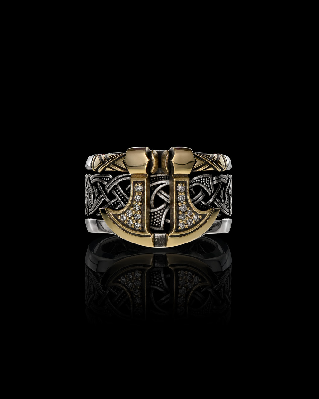 Einherjar Band Luxe Edition Viking Ring in 14K Gold, Sterling Silver, and Diamonds by NightRider Jewelry - Front Einherjar Band Luxe Edition Viking Ring in 14K Gold, Sterling Silver, and Diamonds by NightRider Jewelry - Front