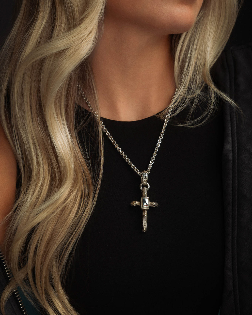 Conviction Pendant Alpha Omega Cross Pendant in Solid Sterling Silver by NightRider Jewelry shown on model