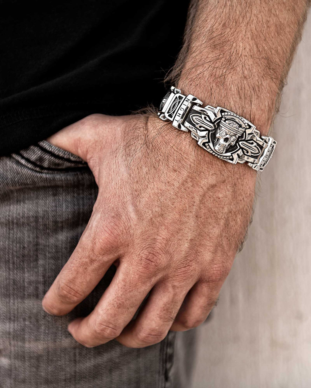 Guardian Interlock Silver Link Skull Bracelet by NightRider Jewelry - On a Man's Wrist