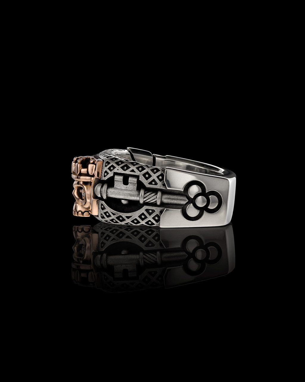 The Kings Ring  with engraved Kings key, with Rose Gold by NightRider Jewelry - Back View The Kings Ring  with engraved Kings key, with Rose Gold by NightRider Jewelry - Back View