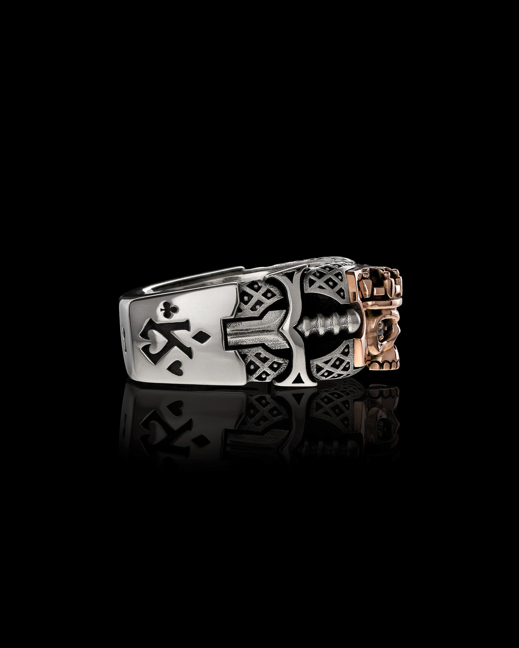 The Kings Ring engraved with King of Spades, features Rose Gold by NightRider Jewelry - Side View The Kings Ring engraved with King of Spades, features Rose Gold by NightRider Jewelry - Side View