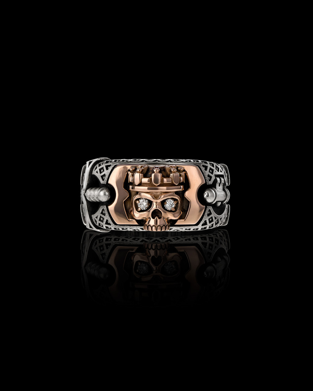 The Kings Ring, Sterling Silver with Skull Ring, Rose Gold with Crown by NightRider Jewelry - Front View The Kings Ring, Sterling Silver with Skull Ring, Rose Gold with Crown by NightRider Jewelry - Front View