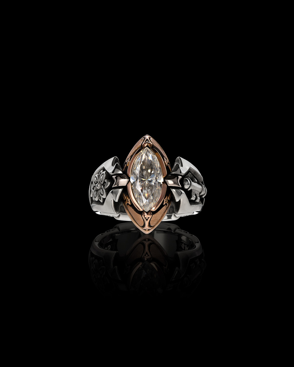 The Queens Ring, Sterling Silver and Rose Gold with Crown by NightRider Jewelry - Front View The Queens Ring, Sterling Silver and Rose Gold with Crown by NightRider Jewelry - Front View