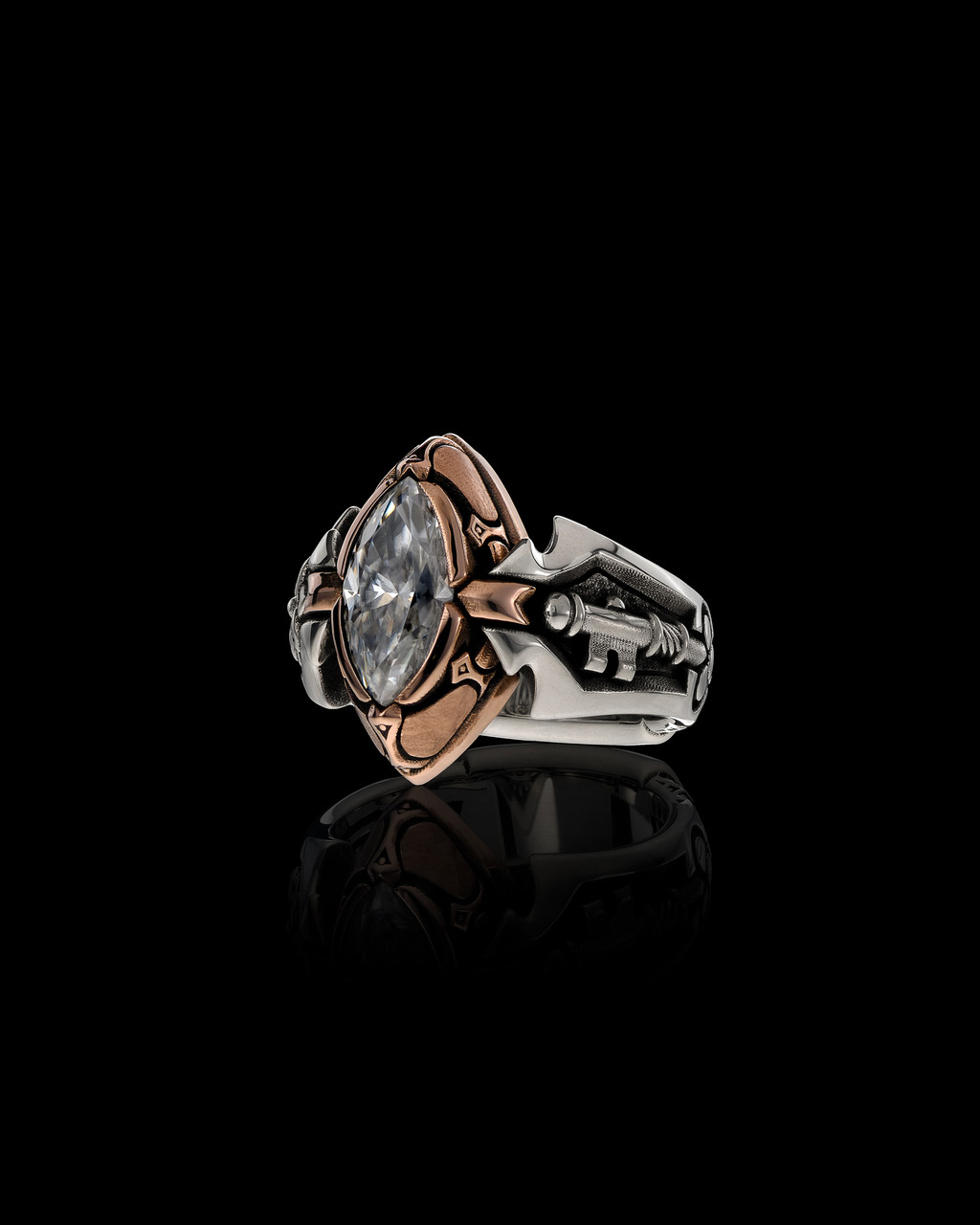The Queens Ring with stone, Sterling Silver and Rose Gold, by NightRider Jewelry - Front View The Queens Ring with stone, Sterling Silver and Rose Gold, by NightRider Jewelry - Front View