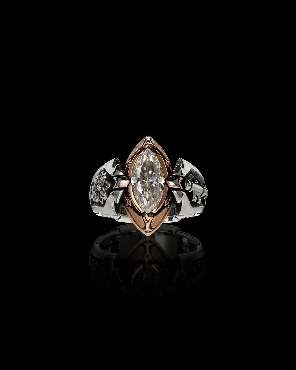 The Queens Ring with stone, Sterling Silver and Rose Gold, by NightRider Jewelry - Front View