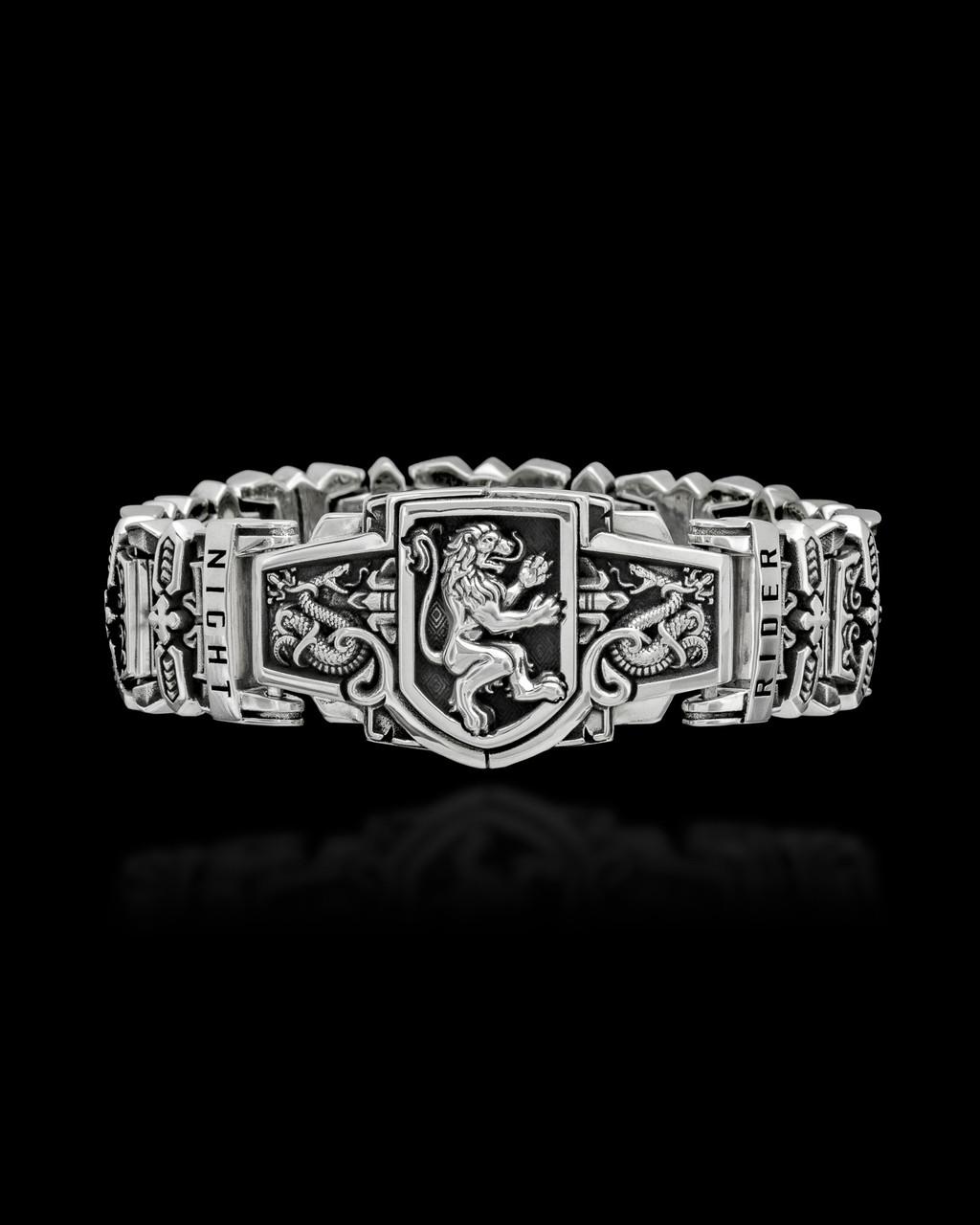 Guardian Lion Interlock Silver Link Bracelet by NightRider Jewelry - Front View Guardian Lion Interlock Silver Link Bracelet by NightRider Jewelry - Front View