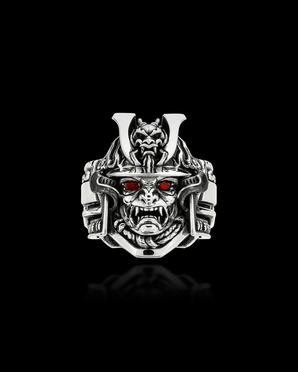 Bushido Samurai Warrior Ring by NightRider Jewelry - Front View with Red Garnet Eyes Bushido Samurai Warrior Ring by NightRider Jewelry - Front View with Red Garnet Eyes
