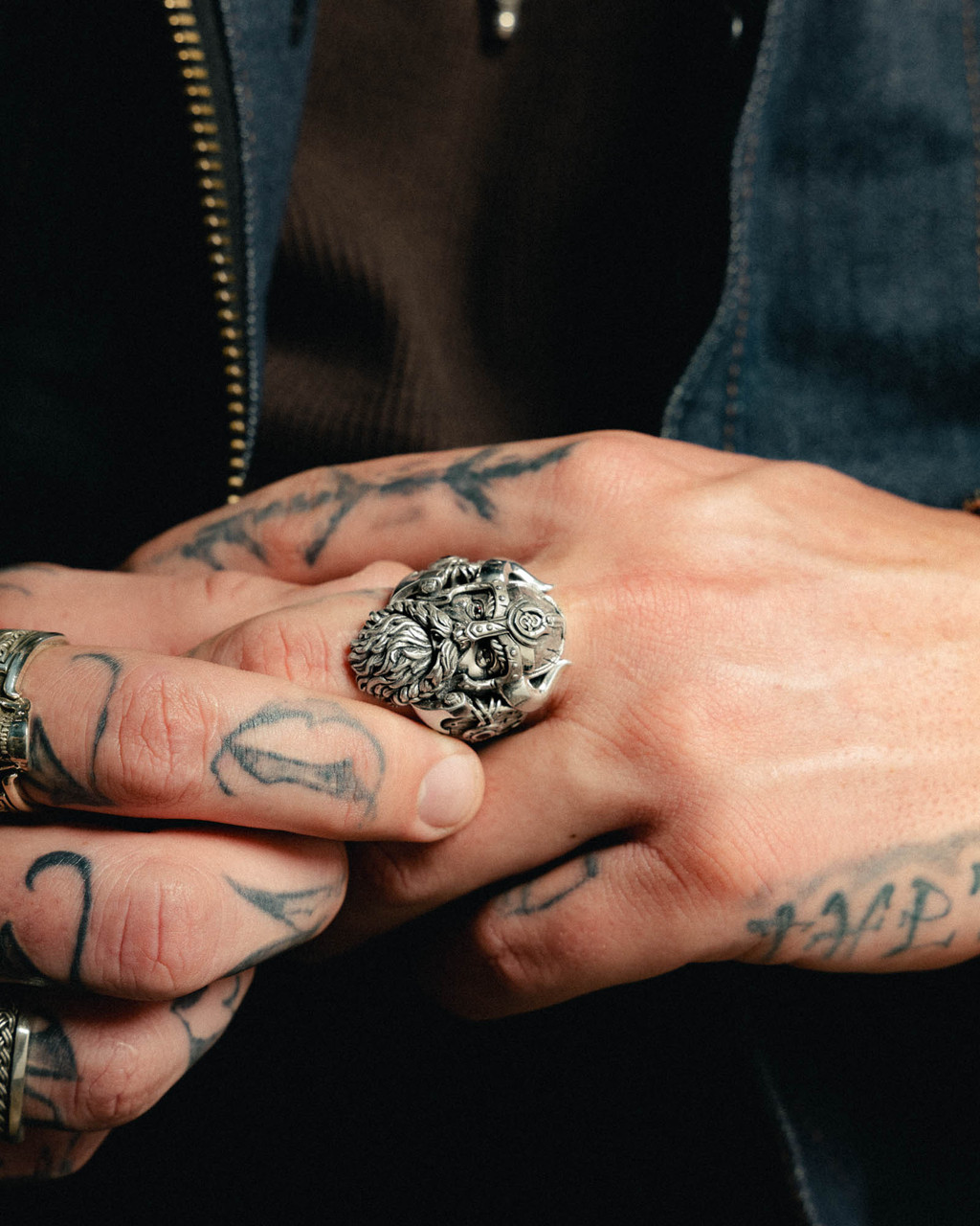 Einherjar Silver Viking Warrior Ring by NightRider Jewelry - on model with black onyx stones