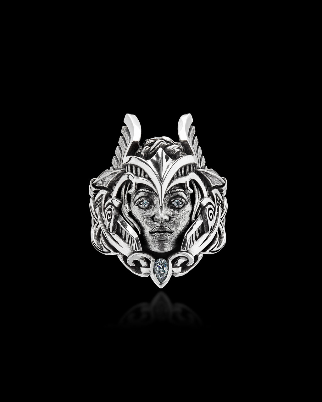 Valkyria Ring - Silver Norse Valkyrie Ring by NightRider Jewelry - Front View Valkyria Ring - Silver Norse Valkyrie Ring by NightRider Jewelry - Front View