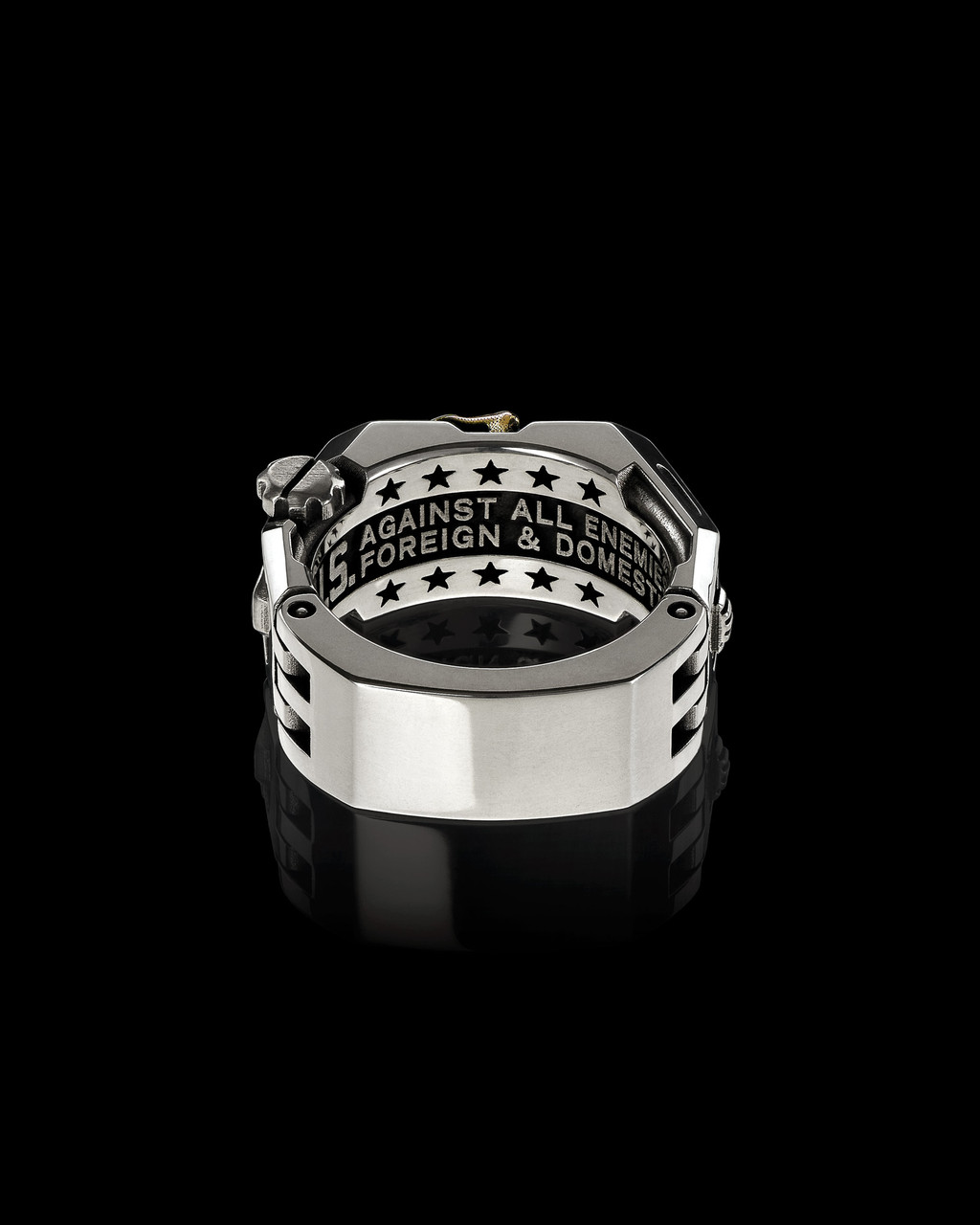 Sheepdog Stealth Silver Skull Ring, in Sterling Silver and 14K Gold by Nightrider Jewelry - Back View Sheepdog Stealth Silver Skull Ring, in Sterling Silver and 14K Gold by Nightrider Jewelry - Back View