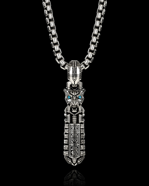 Obsidian Aztec Jaguar Warrior Pendant in Solid Sterling Silver by NightRider Jewelry - Front