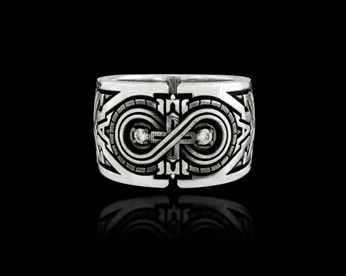 Aeonian Ring with Infinity Symbol and Moissanite Genstones by NightRider Jewery - Front View