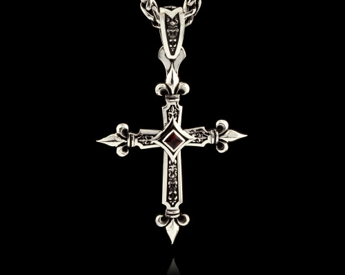 Fleur De Lis Cross Silver Pendant with Red Garnet by NightRider Jewelry - Front View