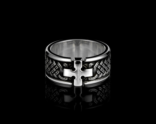 Joshua Cross Band Ring in Solid Sterling Silver with Knot Work and Cross by NightRider Jewelry - Front