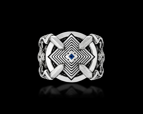 Ascension Silver Ring with Blue Sapphire by NightRider Jewelry - Front View