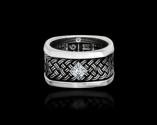Celtic Knot Silver Band Ring with Moissanite Gemstone by NightRider Jewelry - Front View