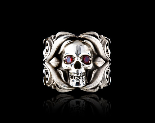 Rose From the Dead Silver Skull Ring with Red Garnets by NightRider Jewelry - Front View