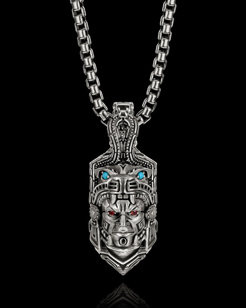 Ocelotl Aztec Jaguar Warrior Pendant in Solid Sterling Silver by NightRider Jewelry - Front
