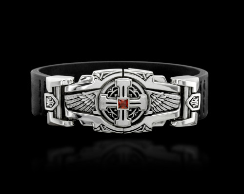 Cherubim Interlock Leather Bracelet by NightRider Jewelry - Front View
