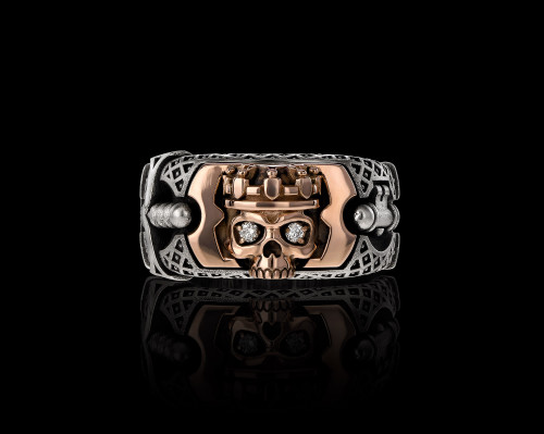 The Kings Ring, Sterling Silver with Skull Ring, Rose Gold with Crown by NightRider Jewelry - Front View