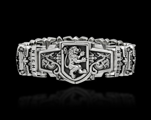 Guardian Lion Interlock Silver Link Bracelet by NightRider Jewelry - Front View