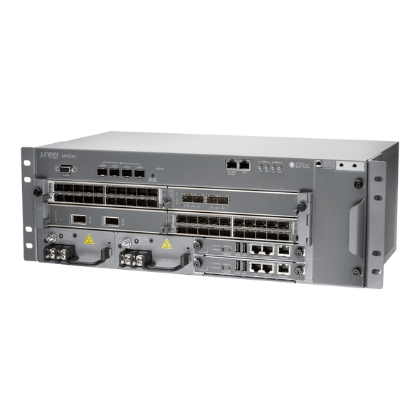 The MX104 Universal Routing Platform provides an ideal solution for space- and power-constrained environments. It offers 80-Gbps capacity and a redundant control plane for high availability. It features four fixed 10GbE ports and four Modular Interface Card (MIC) slots for flexible network connectivity and virtualized services.

Optimized for mobile applications and central offices, the MX104 is ETSI 300-compliant and hardened for outside cabinets and remote terminals. It also supports advanced timing features.

Powered by Junos OS and the programmable Trio chipset, the MX104 has the same advanced routing, switching, security, and features as other large MX Series platforms. It supports a wide range of Layer 2 and Layer 3 VPN services and advanced broadband network gateway functions.