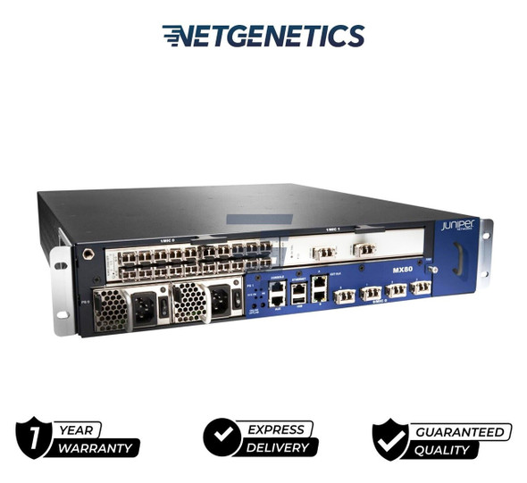 MX80-AC is a Juniper MX80 Chassis with 2 MIC Slots, 4x10GE XFP Built-in Ports, AC Power Supply, Fan Tray w/Filter. The compact, agile, and full-featured MX80 Universal Routing Platform is ideally suited for enterprise and service provider applications in facilities with limited space and power. MX80 routers are optimized for enterprise WAN, Data Center Interconnect (DCI), branch aggregation, and campus applications.