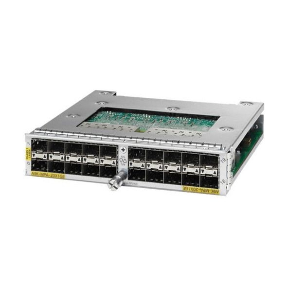 Cisco A9K-MPA-20X1GE Module 20-port 1-Gigabit Port Adapter
Cisco A9K-MPA-20X1GE Module 20-port 1-Gigabit Port Adapter part of the Cisco ASR 9000 Series modular line cards are fully compatible with the Cisco ASR 9922, 9010, and 9006 systems, route switch processors (RSPs), and line cards. No hardware upgrade to the chassis or cooling system is required. Total bandwidth is dependent on the number and type of RSPs installed.

The new line cards deliver the ability to mix and match modular port adapters so that customers can customize each slot in the Cisco ASR 9000 to their specific port demands. As an example, a 4-port 10-Gigabit Ethernet modular port adapter can be matched with a 20-port 1-Gigabit Ethernet modular port adapter, all in a single slot.

Each Cisco ASR 9000 Series modular line card provides simultaneous support for both Layer 2 and Layer 3 services and features, helping operators to qualify and stock a single line card that can be deployed in any combination of Layer 2 and Layer 3 applications. These capabilities help to reduce capital expenditures (CapEx) and operating expenses (OpEx), as well as reduce the time required to develop and deploy new services. The Cisco modular line cards set a new standard for service density, allowing operators to offer predictable, managed transport services while optimizing the use of network assets.

The line cards, with their synchronization circuitry and dedicated backplane timing traces for accessing the RSP’s Stratum-3 subsystem, provide standards-based line-interface functions for delivering and deriving transport-class network timing, allowing support of network-synchronized services and applications such as mobile backhaul and time-division multiplexing (TDM) migration. Coupled with the Cisco RSP-440 route switch processor, the line cards can also be used for applications requiring IEEE 1588v2 synchronization services.