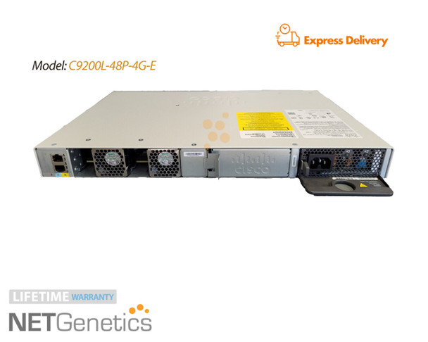 Specifications
Network Ports : 48x 1 Gigabit Ethernet PoE+ RJ-45
Uplink Ports : 4x 1 Gigabit Ethernet SFP
Management Ports : 1x RJ-45 Console, 1x Gigabit Management, 2x USB, 1x Mini USB
Stacking Ports : StackWise 80 possible through the use of C9200L-STACK-KIT - ordered separately.
Product Family : Catalyst 9200L Series
Fan Modules AirFlow Direction : 2x C9200-FAN Fan Modules Included
Power Supplies Included : 1x PWR-C5-1KWAC Power Supply Included - 2x Slots - 2nd Power Supply ordered separately - Options for 2nd PSU are PWR-C5-125WAC, PWR-C5-600WAC, PWR-C5-1KWAC, PWR-C5-BLANK
PoE Budget : 740W (w/ Single PSU), 1440W (w/ 2 PSU's)
Switching Capacity : 104 Gbps
Forwarding Rate : 154.76 Mpps
MAC Address Table Size : 16,000
Rack Mounts : Included (1-RU)
Model Number : C9200L-48P-4G-E
Part Number : C9200L-48P-4G-E, C9200L-48P-4G-E=, C9200L-48P-4G-E-WS
Condition : Seller refurbished