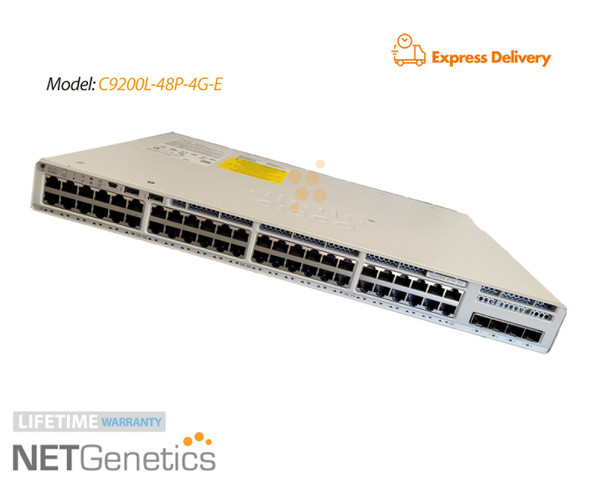 Specifications
Network Ports : 48x 1 Gigabit Ethernet PoE+ RJ-45
Uplink Ports : 4x 1 Gigabit Ethernet SFP
Management Ports : 1x RJ-45 Console, 1x Gigabit Management, 2x USB, 1x Mini USB
Stacking Ports : StackWise 80 possible through the use of C9200L-STACK-KIT - ordered separately.
Product Family : Catalyst 9200L Series
Fan Modules AirFlow Direction : 2x C9200-FAN Fan Modules Included
Power Supplies Included : 1x PWR-C5-1KWAC Power Supply Included - 2x Slots - 2nd Power Supply ordered separately - Options for 2nd PSU are PWR-C5-125WAC, PWR-C5-600WAC, PWR-C5-1KWAC, PWR-C5-BLANK
PoE Budget : 740W (w/ Single PSU), 1440W (w/ 2 PSU's)
Switching Capacity : 104 Gbps
Forwarding Rate : 154.76 Mpps
MAC Address Table Size : 16,000
Rack Mounts : Included (1-RU)
Model Number : C9200L-48P-4G-E
Part Number : C9200L-48P-4G-E, C9200L-48P-4G-E=, C9200L-48P-4G-E-WS
Condition : Seller refurbished